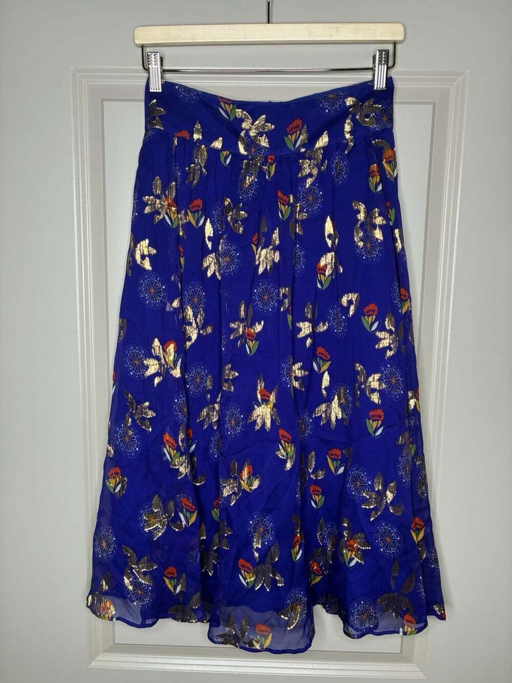 Sezane Maria Midi Skirt in Blue & Gold Floral Size 34 or US XS Silk Blend